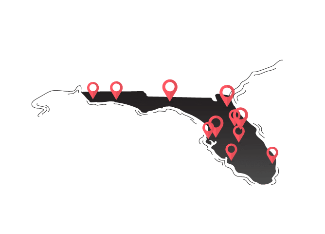 Florida map graphic with multiple pins dropped on cities